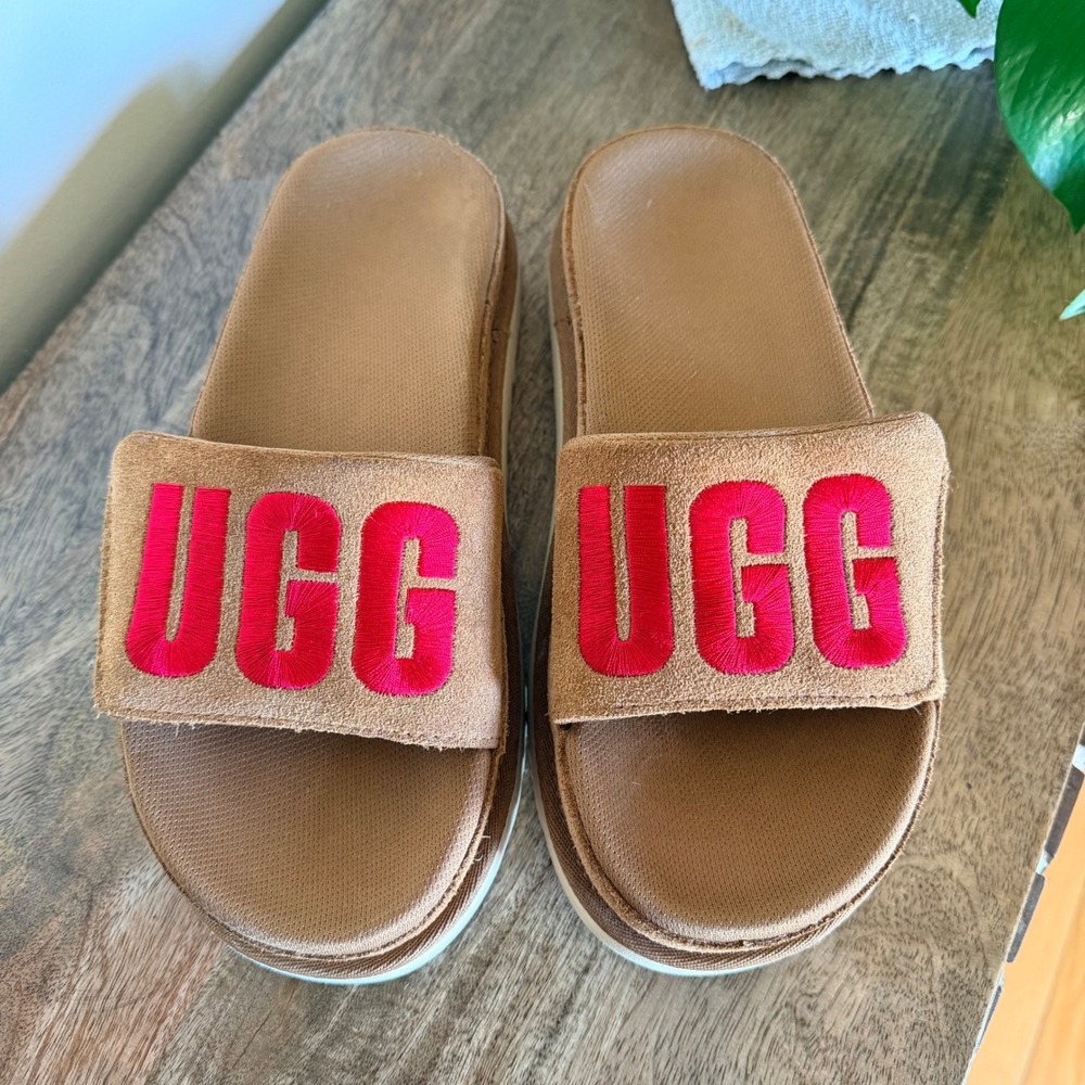 UGG Laton Slide Sandals Women 6 Chestnut Suede Puffy Logo Platform Comfort Shoes - Picture 6 of 11